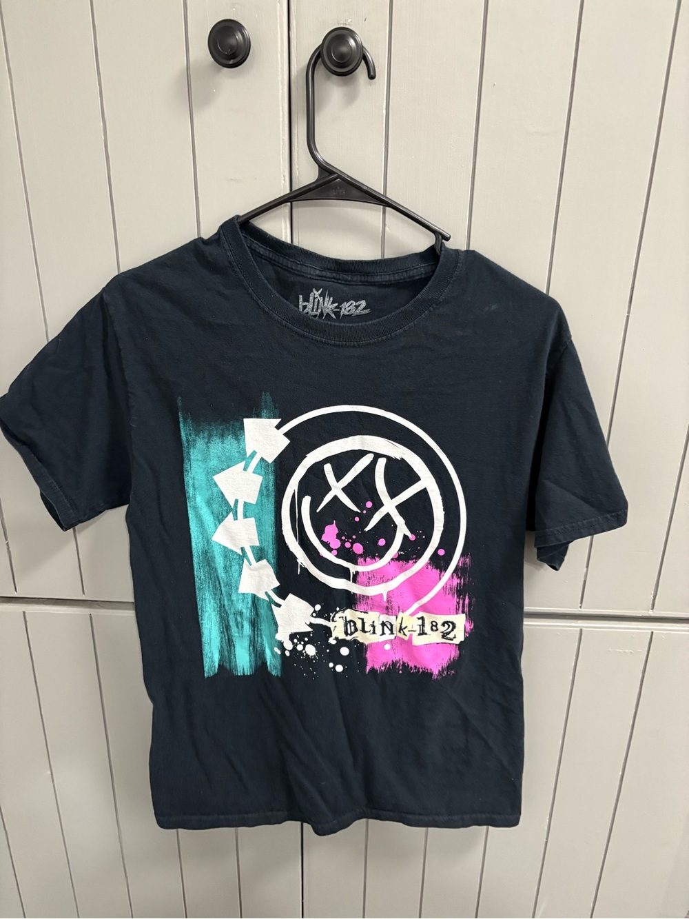 Men’s Blink 182 Black Graphic Tee with Teal & Pink Accent